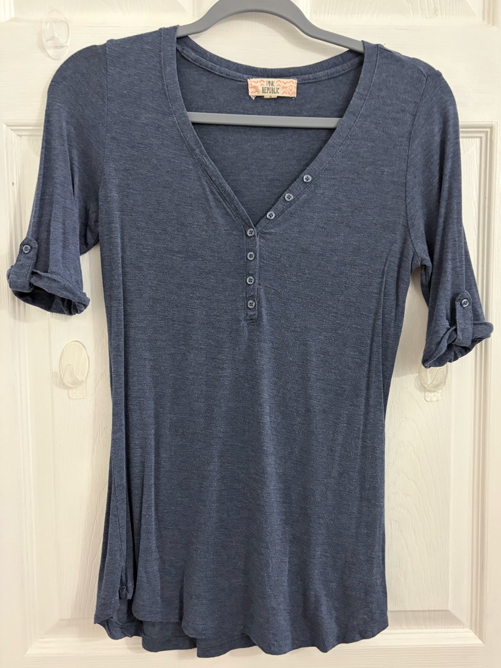 Pink Republic Women's Navy Henley Roll-Sleeve Top. Size small $8